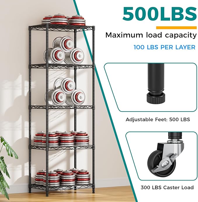 SINGAYE 5 Small Shelf Storage Wire Shelves Closet Bathroom Organizers Metal Pantry Kitchen Garage Shelving Unit Laundry Room Organization Home Narrow Rack Net Basket with Wheels Black