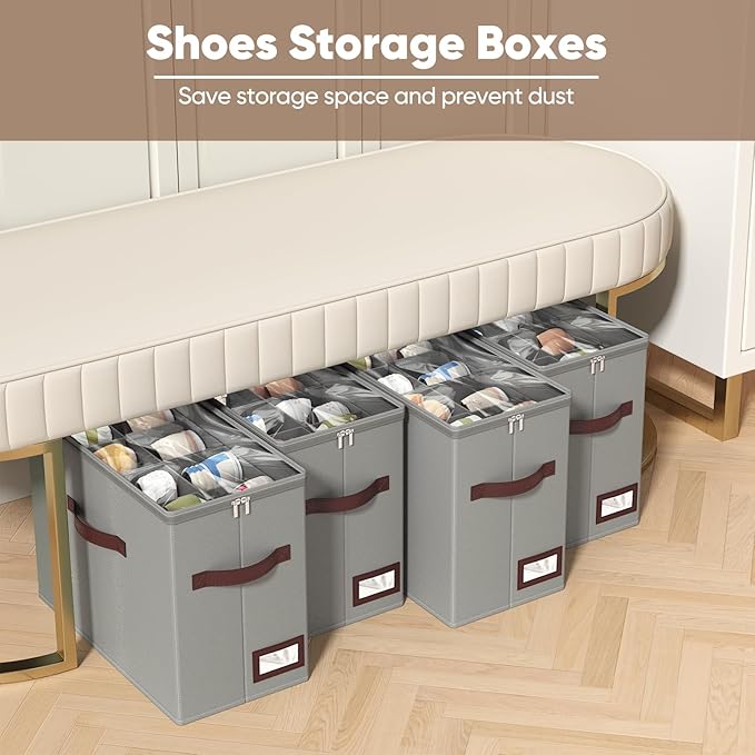 OIAHOMY 4 Pack Shoe Organizer for Closet, Foldable Shoe Storage Bins with Adjustable Dividers, Stackable Oxford Cloth Sneaker Boxes for Entryway Bedroom, Fits Up to 32 Pairs, Grey