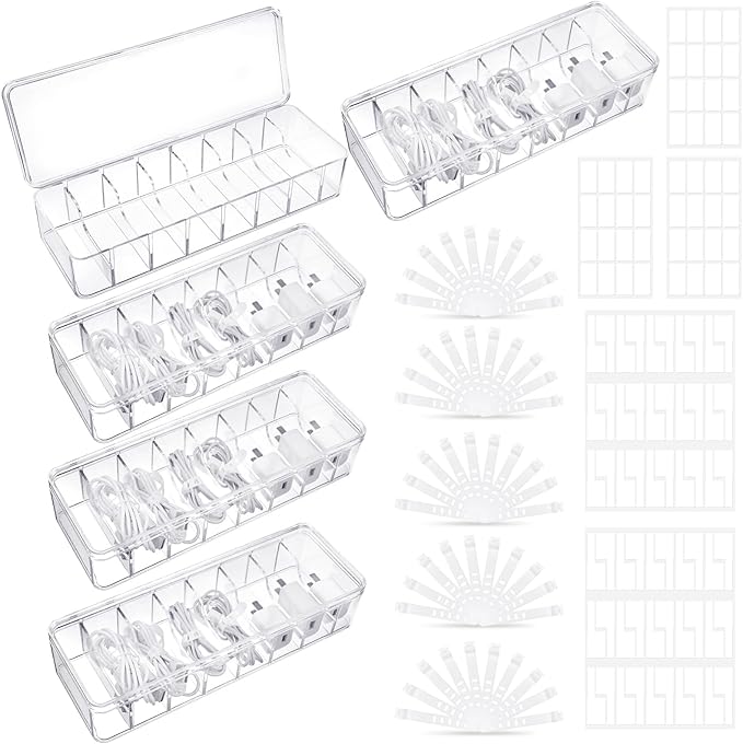 ProSuites Cable Organizer Box with Lid, 5 Pcs Clear Cord Storage Organizer with 50 Cable Ties 108 Cable Labels, Charger Organizer for Office Desk Drawer Organizers and Accessories