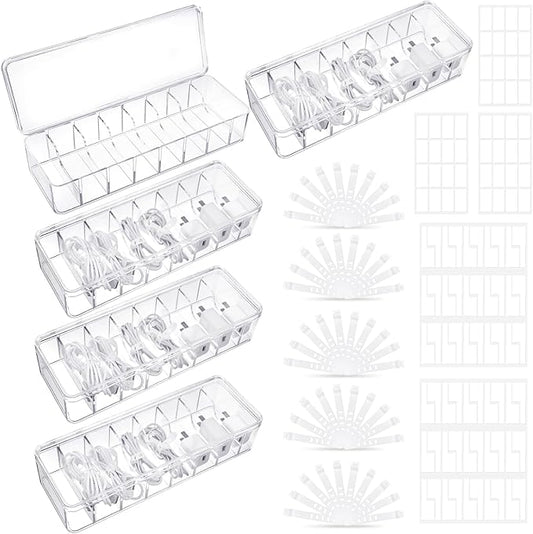 ProSuites Cable Organizer Box with Lid, 5 Pcs Clear Cord Storage Organizer with 50 Cable Ties 108 Cable Labels, Charger Organizer for Office Desk Drawer Organizers and Accessories