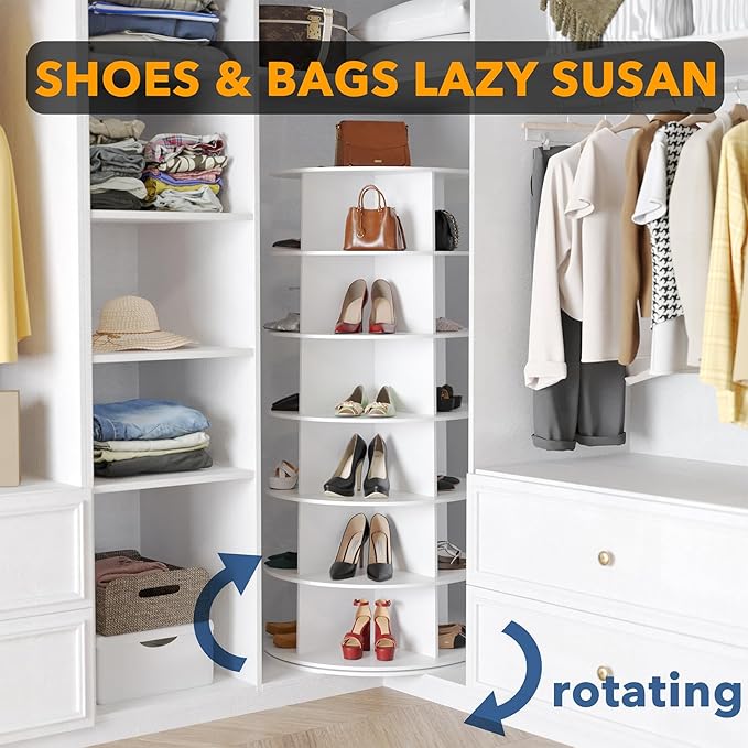 6 Tier Rotating Shoe Rack Tower, Spinning Shoe Display Lazy Susan, 6-Tier White