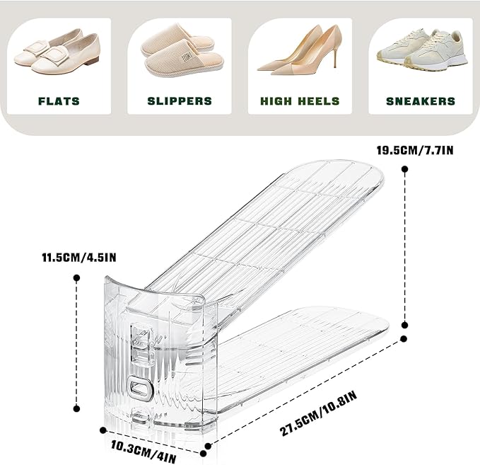 FENRUNXU 10 Pack Transparent Shoe Stacker,Shoe Slots Organizer for Closet, Shoe Display Space Saver,Adjustable Shoe Rack Organizer Holder for High Heels,Sneakers(Transparent)
