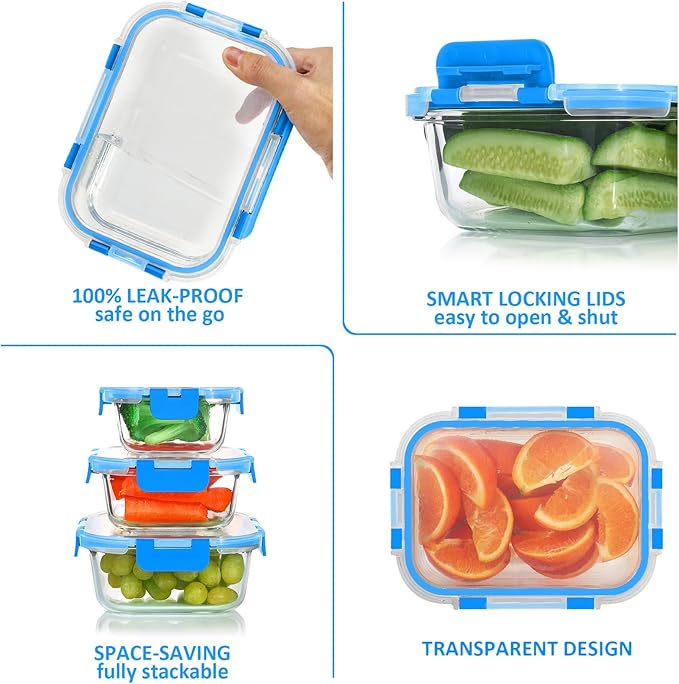 KOMUEE 24 Pieces Glass Food Storage Containers Set,Glass Meal Prep Containers, BPA-Free Airtight Glass Storage Containers with lids,Freezer, Microwave and Oven Safe,Blue