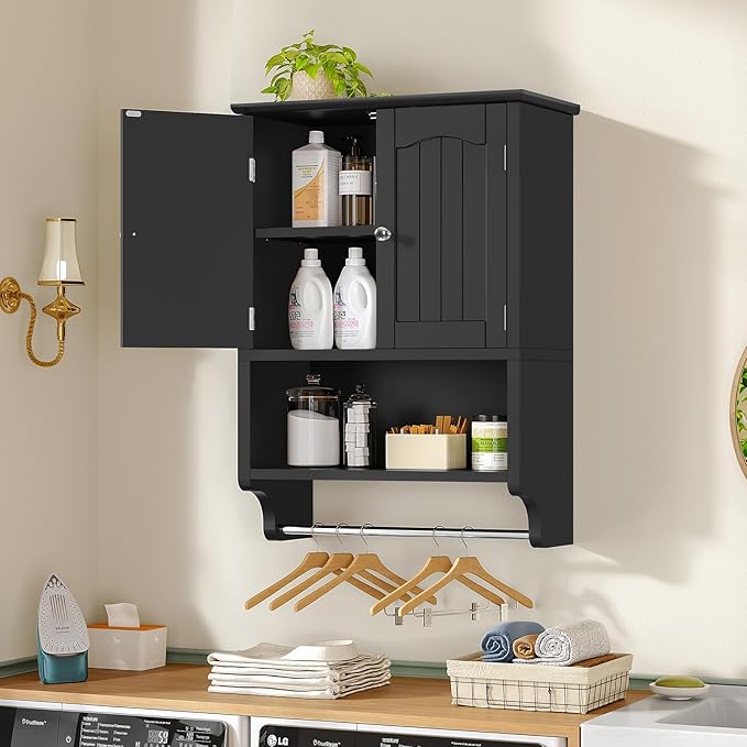TEENFON Medicine Cabinet with Adjustable Shelves and Towel Rack, Bathroom Wall Mounted Cabinet Over the Toilet Storage for Bathroom, Living Room, 7.09" D x 15.35" W x 22.04" H, Black