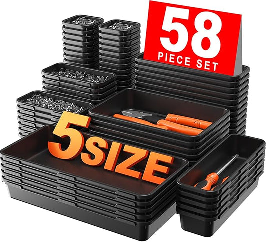 𝟱𝟴𝗣𝗰𝘀 5 Size Tool Box Organizer Tray Divider Set, Black Desk Drawer Organizer