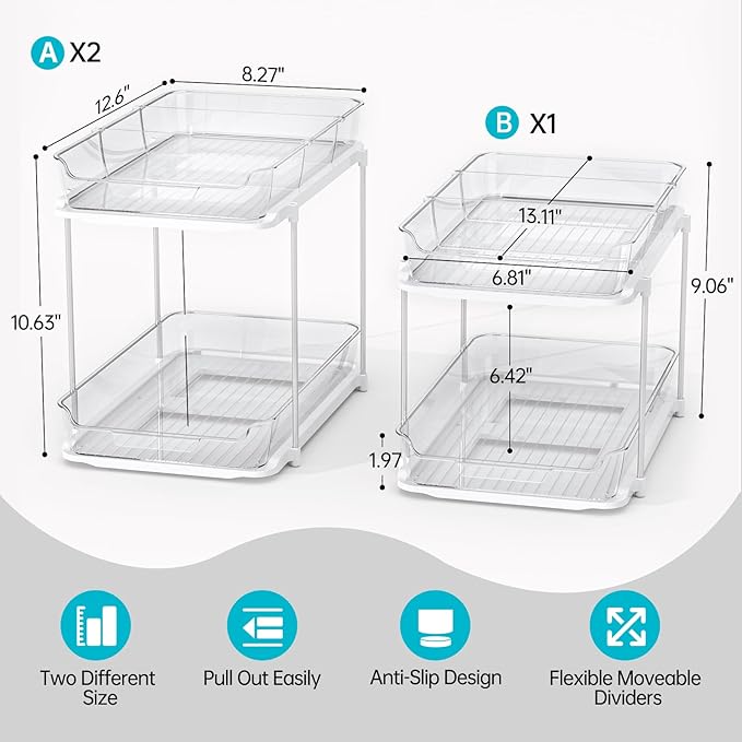 3 Pack 2-Tier Bathroom Under Sink Organizers and Storage
