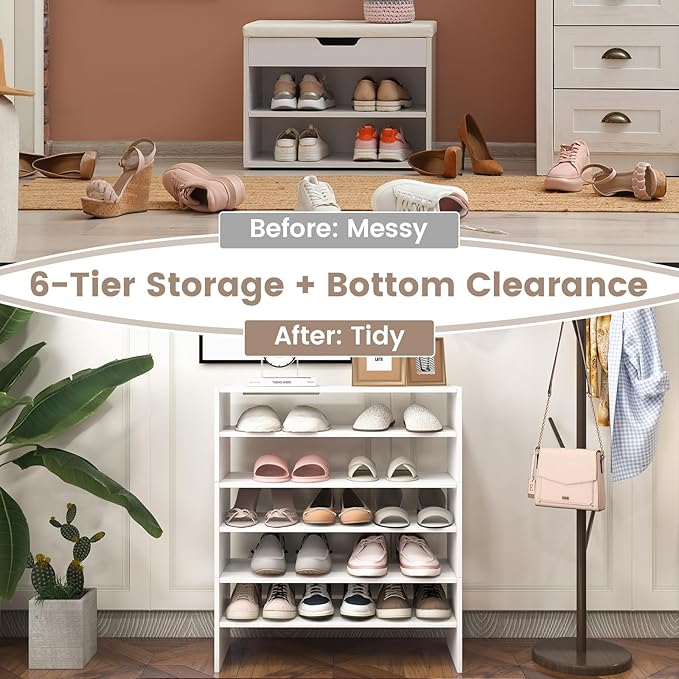 Giantex 3-in-1 Vertical Shoe Rack, 6-Tier Free Standing Shoe Storage Organizer w/Stackable Design for 18 Pairs, 31 Inch Wide Wood Shoe Shelf for Closet, Entryway, Living Room, Office (2, White)