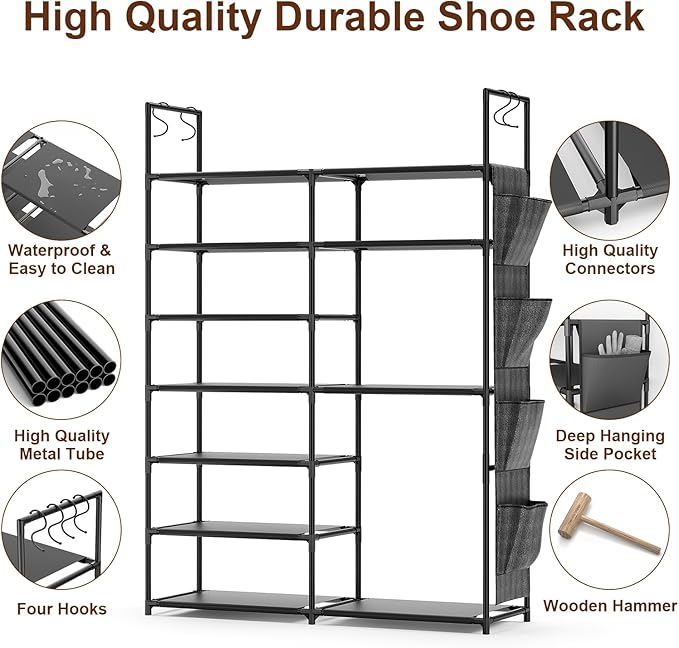Kottwca 7 Tiers Shoe Rack Metal Shoe Organizer for Entryway Closet, 24-28 Pairs Stackable Shoe and Boots Shelf Storage Cabinet with Hooks and Side Hanging Pockets for Bedroom, Garage, Black