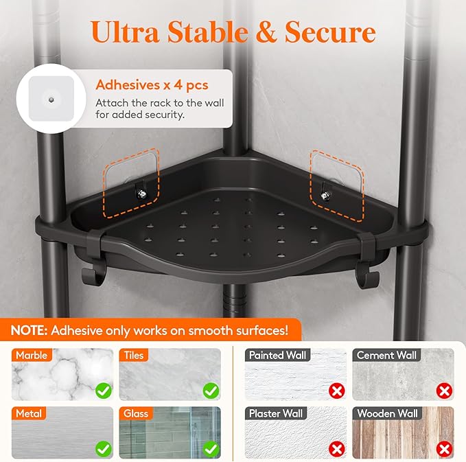Lifewit Floor Standing Shower Caddy Corner, 3 Tier Plastic Shower Stand Rack with Adjustable Feet and Hooks, Rustproof Bathroom Shelf Organizer, Black, 34 x 24 x 75 cm/13 x 9.5 x 29.5 inch