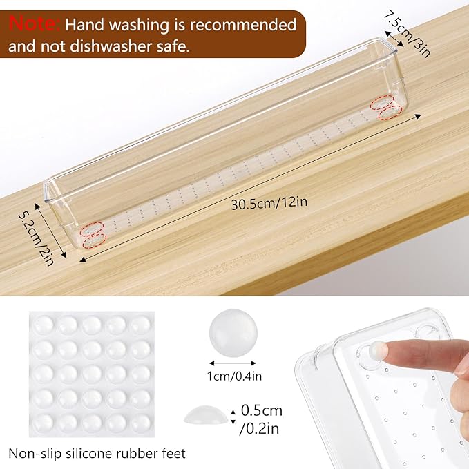 6 Pcs Large Clear Plastic Drawer Organizers Tray 12"x3" Storage Bins with 25 Pcs