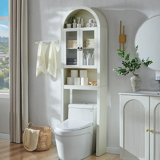 Arched Over The Toilet Storage Cabinet with Acrylic Doors, Antique White