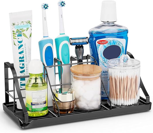Bathroom Countertop Organizer - Detachable 7 Slots Kids Electric Black Toothbrush and Toothpaste Holder Drainage Tray for Bathroom Accessories Organization Counter Vanity Sink Storage
