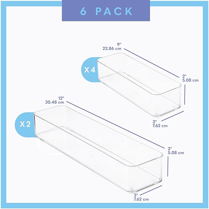 Six Pcs. Plastic Clear Drawer Organizers. Stackable Storage Trays for Kitchen