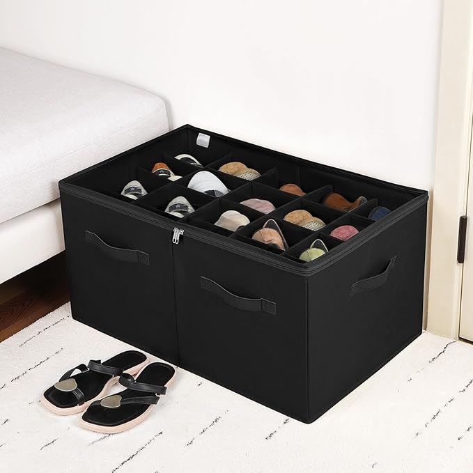 TOPIA HOME Shoe Organizer for Closet, Foldable Shoe Box with Adjustable Dividers and Clear Cover, Space Saving Shoe Storage Organizer Cabinet with Reinforced Handles, Fits 20 Pairs, Black, TP10B