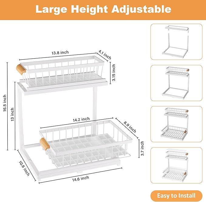 Under Sink Organizer 2 Tier, White, Large-1 Pack