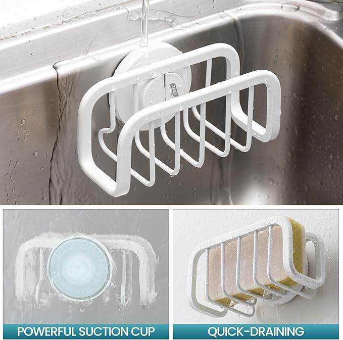 TAILI Sponge Holder for Kitchen Sink with Strong Suction Cup, Rustproof Aluminum Sink Caddy for Sponges, Removable Sponge Holder, Dish Brush for Scraper - Gold