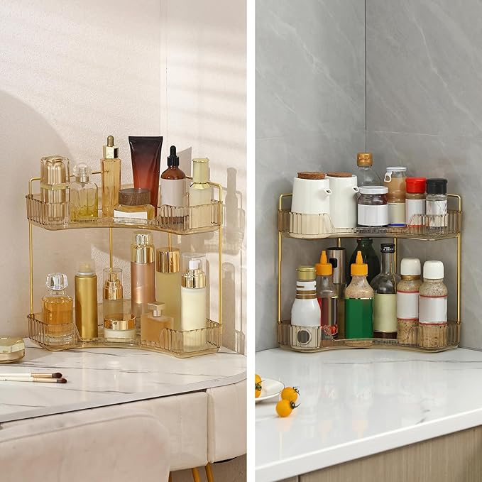 INVSSENE Corner Bathroom Countertop Organizer, Vanity Organizer Trays for Counter, Makeup Organizers, Perfume Tray, Skincare Shelf Storage Gifts for Women Girl Student (Yellow, 2 Tiers)