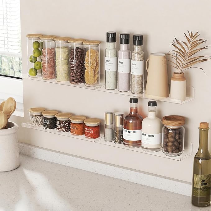 Lifewit Floating Shelves for Wall, Acrylic Display Shelf Wall Mounted for Figure, Car, Art, Book, 14" Perfume Organizer for Bathroom, Bedroom, Living Room, Nursery, Home Decor, Clear, 6 Pack