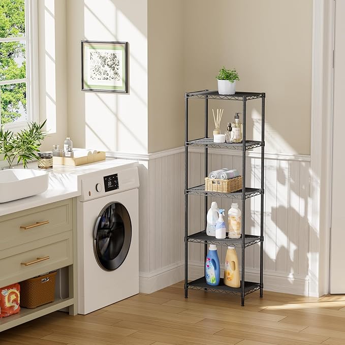 Narrow Metal Wire Shelving Unit, 10 x 16 x 55 in – Black