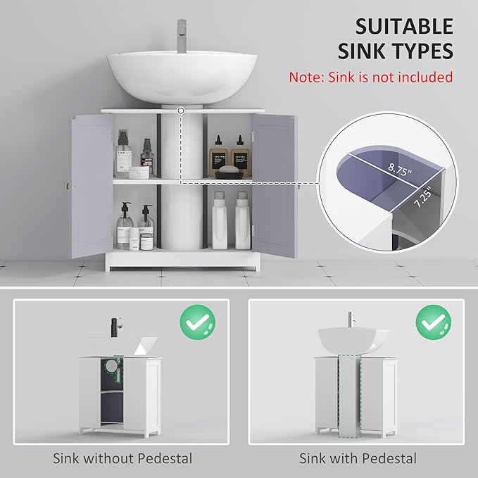 kleankin 23.5" Pedestal Sink Storage Cabinet, Freestanding Bathroom Under Sink Cabinet with U-Shape Cut-Out and Adjustable Shelf, White and Gray