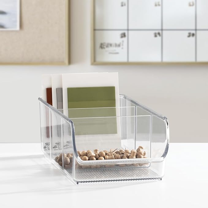iDesign Stackable 3-Section Divided Storage Bin for Pantry, Fridge, or Cabinet - Set of 4 - Clear