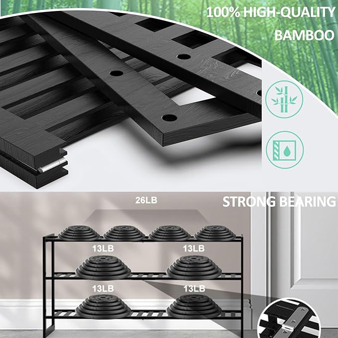 Jripae Bamboo Shoe Rack for Closet, 3 Tier 32.5inch Longer Shoe Organizer Shelf Holder Storage 12-15 Pairs Stackable for Entryway Door Hallway Bedroom Garage Space Saving Foldable Black