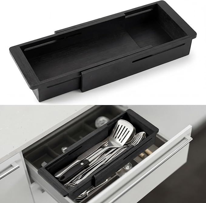 LemonRoad 1 Pcs Sliding Drawer Organizer Bin Bamboo Drawer Expandable Bins Utensil Organizer for Kitchen Spoons Forks Knives (Black)