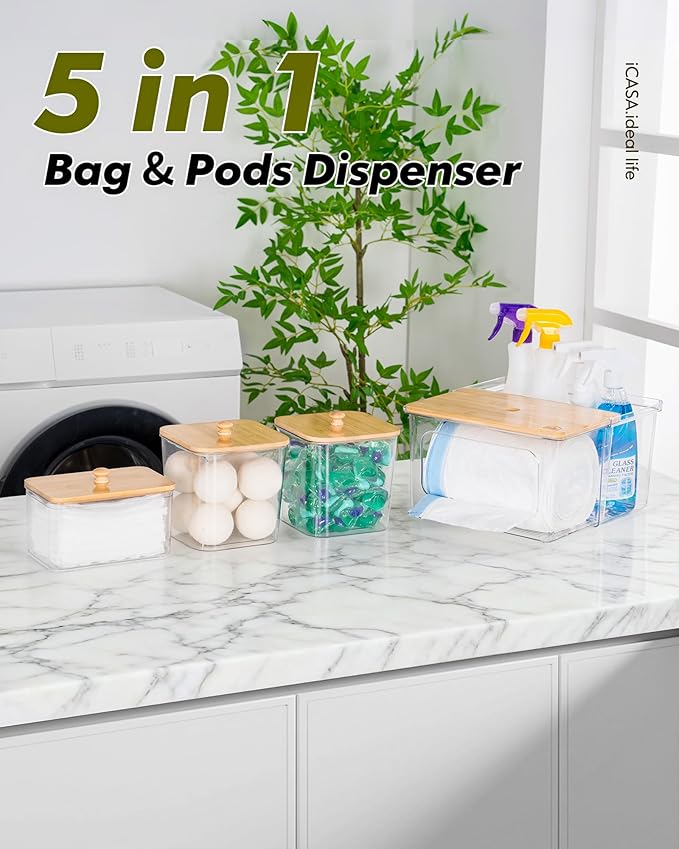 iCASA Trash Bag Dispenser Dishwasher Pod Holder - 5 in 1 Plastic Garbage Bag Under Sink Organizer, Acrylic Dryer Sheet Balls Laundry Pods Container with Bamboo Lid, Pantry Organizers and Storage Box