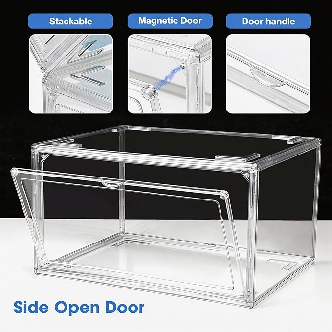 HIYOHIYO 1 Pack Clear Shoe Storage Boxes Stackable for Sneaker, Shoe Box Storage Bins, Fully Transparent Display Case with Magnetic Door Suitable for Ankle, Boots, High Heels, Fit US Size 14