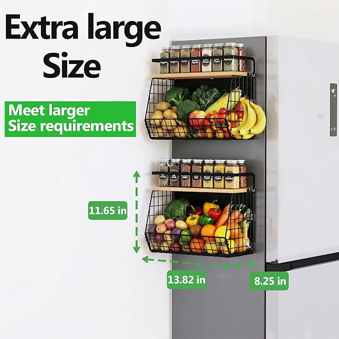 2 Pack Magnetic Spice Storage Rack Organizer for Refrigerator, Magnetic Shelf for Fridge with Wood Lid, Organizer for Kitchen & Laundry, Potato and Onion Storage Bins, Large Container, Strong Magnets