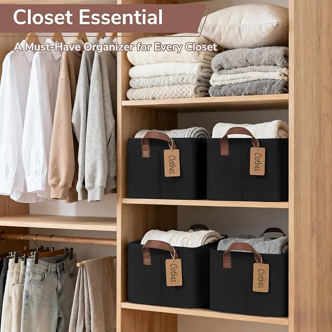 CHICVITA 4 Pack Storage Baskets for Shelves, Collapsible Fabric Closet Storage Bins with Metal Frame, Towel Organizer for Living Room, 14.8" x 10.3" x 8.3", Black
