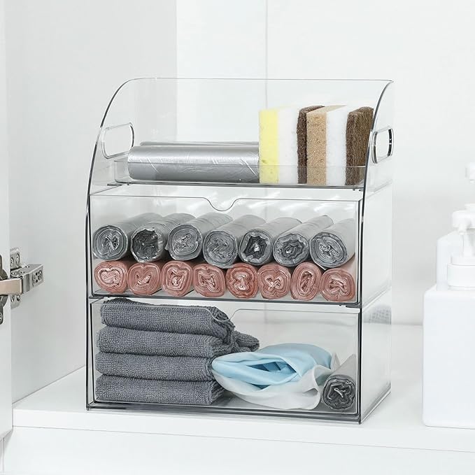 Clear Kitchen and Pantry Organizer with Drawer, Plastic Trash Bags and Dishwasher Pods Dispenser Holder Under Sink, Large Storage Container with Handle for Laundry and Bathroom