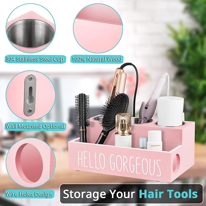 Hair Tool Organizer, Wooden Hair Dryer Holder Countertop, Pink