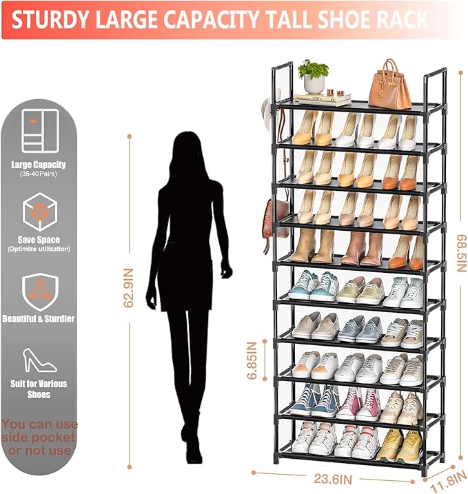 LUKYTOWER Tall Shoe Rack - 10 Tier Shoe Organizer with 5 Hooks, Pocket & Sturdy Stand for Closet Shoes
