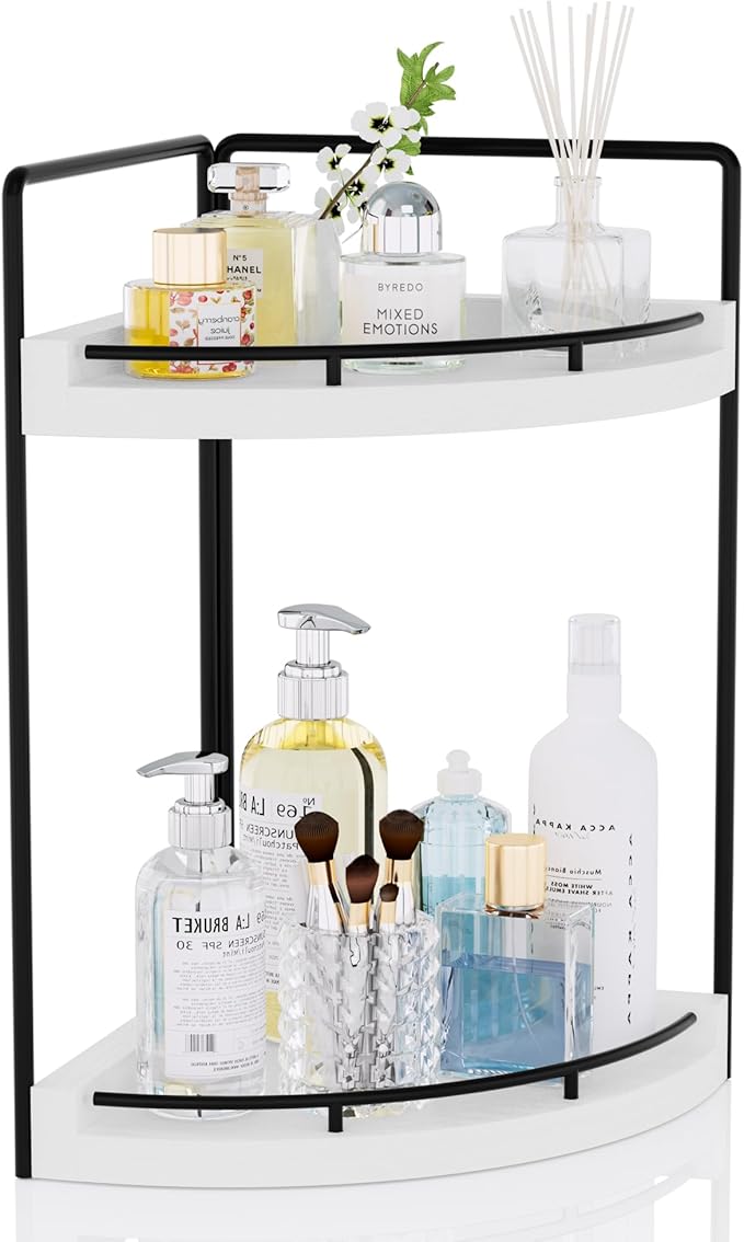 Corner Bathroom Counter Organizer, 2 Tier Wood Vanity Storage, White-2 Tier