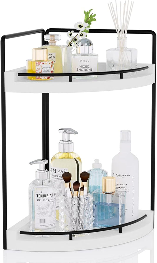 Corner Bathroom Counter Organizer, 2 Tier Wood Vanity Storage, White-2 Tier