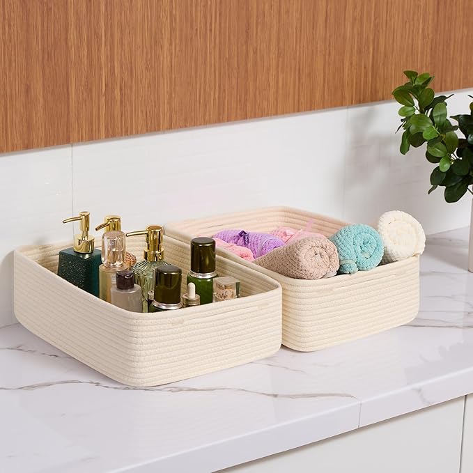 MiniArk Large Shallow Organizing Baskets 15x11x5.1 Inches - Rope Woven Storage Bins for Bathroom, Shelves, Cube Closet, Beige 4 Packs
