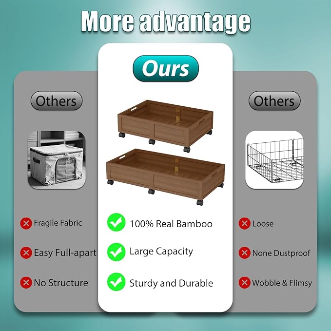 WISUCART Wood Under Bed Storage Containers Underbed Organizer with Wheels Sturdy Wood Rolling Under Bed Shoe Storage Organizer 2 Packs (Walnut, Small)