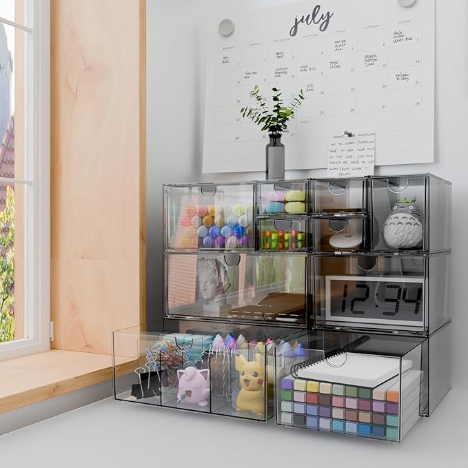 Desk Organizer Set, Clear Stackable Dustproof Storage Boxes for Desktop, Office, DIY Craft & Vertical Space Saving, Perfect for Makeup, Stationery, Jewelry Organization (10 Drawer)