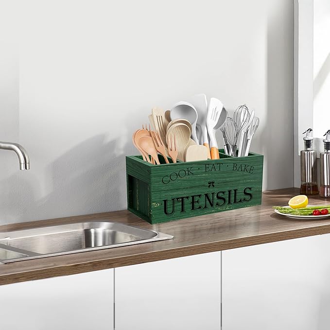 Extra Large Kitchen Utensils Holder with 4 Compartments, Green grain