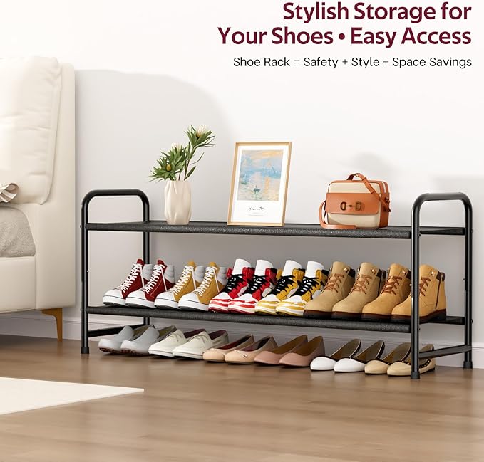 SLEEPING LAMB Long 2-Tier Shoe Organizer for Closet, Stackable Wide Shoe Rack Holds 18-Pairs Low Shoe Shelf Storage for Bedroom, Floor, Entryway(Black)