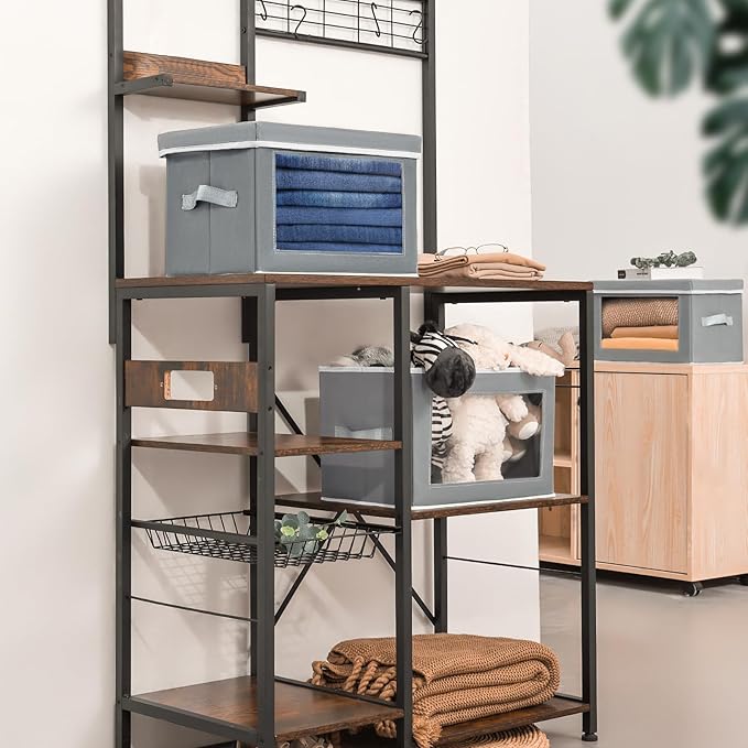 Homsorout Stackable Storage Bins with Lids - Medium Storage Box with Lids, Foldable Closet Boxes for Organizing, Wardrobe Clothes Organizer with Window, Cubes Bins for Living Room, 5 Pack, Grey