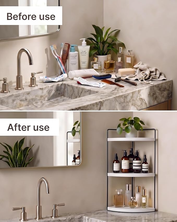 3-Tier Corner Bathroom Countertop Organizer, Solid Pine Wood Vanity Corner Shelf for Skincare & Makeup, Waterproof Standing Rack for Bathroom, Vanity, Kitchen & Dresser, Large 15.7"H, White