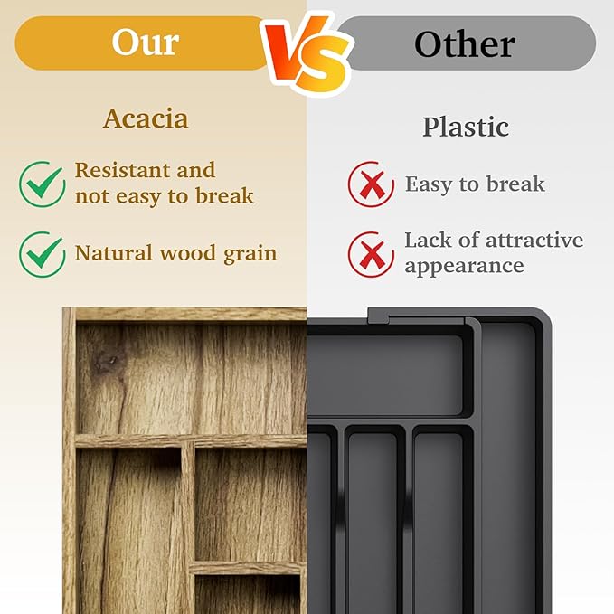 Kiasthome Acacia Wood Silverware Drawer Organizer, 6 Slots