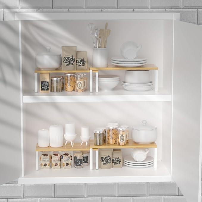 NEX Kitchen Cabinet and Counter Shelf Organizer, Stackable & Expandable, Set of 4, White and Natural - 7.7 x 15.6 x 6.2''