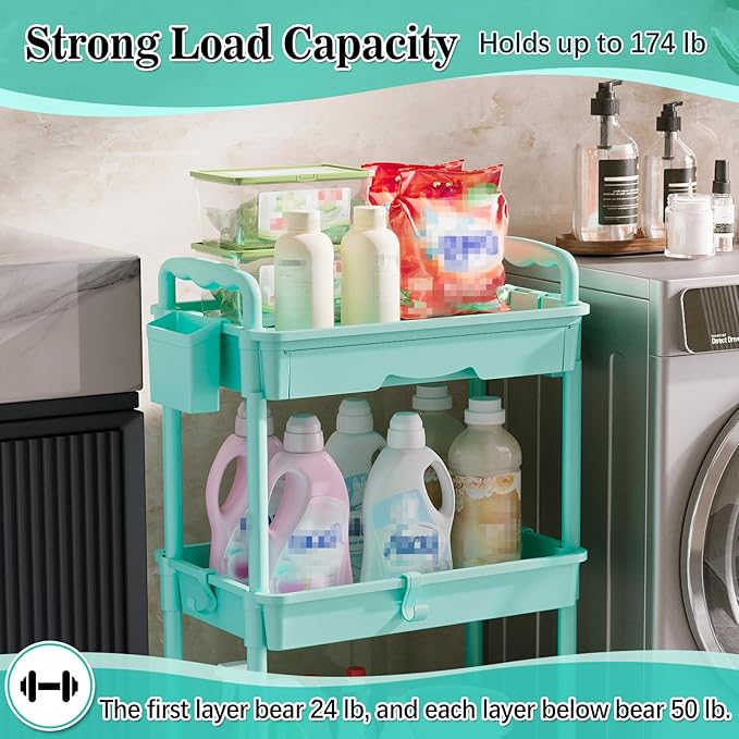 3-Tier Rolling Cart with Drawer & Lockable Wheels, Blue