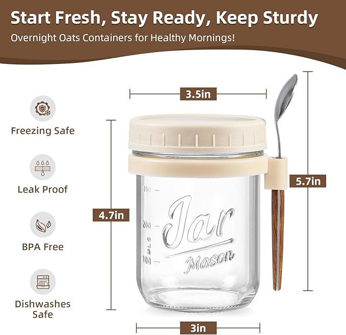 4 Pack Overnight Oats Containers with Lids and Spoons, Fruit-Beige