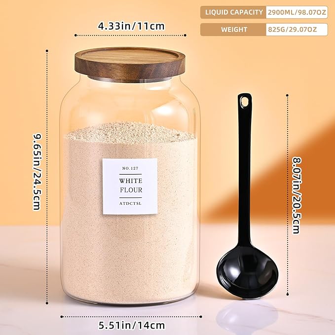 2 Pack Large Glass Storage Jars with Airtight Bamboo Lids, 95 FL OZ/2800 ml, Perfect for Kitchen Counter & Pantry Storage – Ideal for Flour, Sugar, Coffee, Rice, Nuts and More，