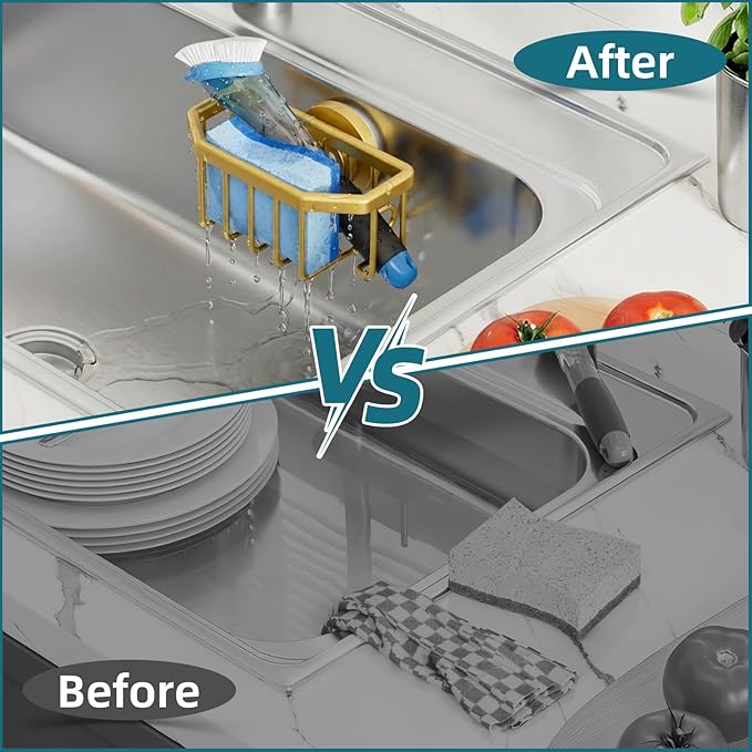 TAILI Sponge Holder for Kitchen Sink with Strong Suction Cup Removable, Rustproof Aluminum Sink Caddy for Sponge, Brush, Scrubber, Scraper -Gold
