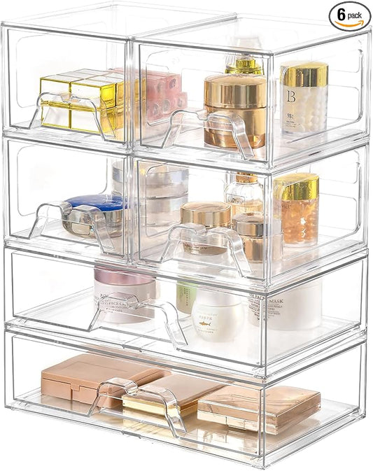 6 Pack Stackable Storage Drawers Clear Acrylic Organizer Makeup Bathroom